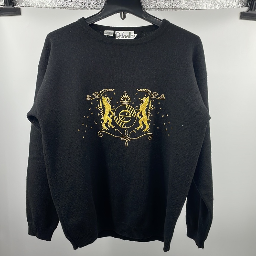 Vintage 80s Rafaella Black Gold Knit Crest Sweater Made in Hong Kong Size Large